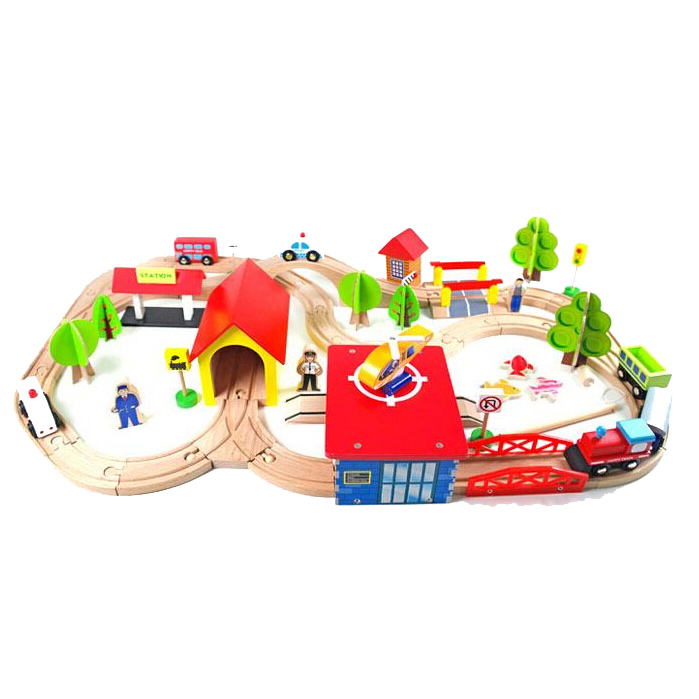 69pcs Wooden Toy Trains and Tracks Set, with Playing Table-image