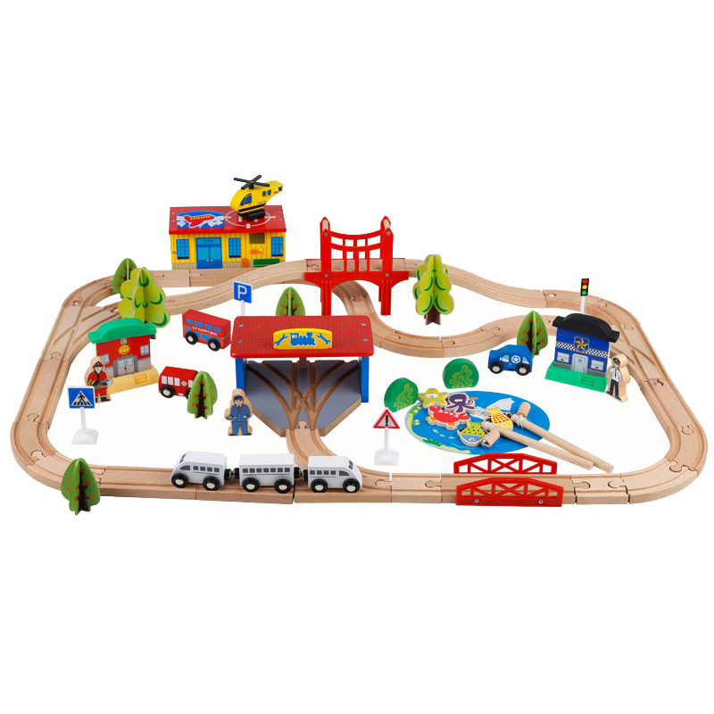 80-Piece Wooden Toy Train and Tracks Play Set with Playing Table-image